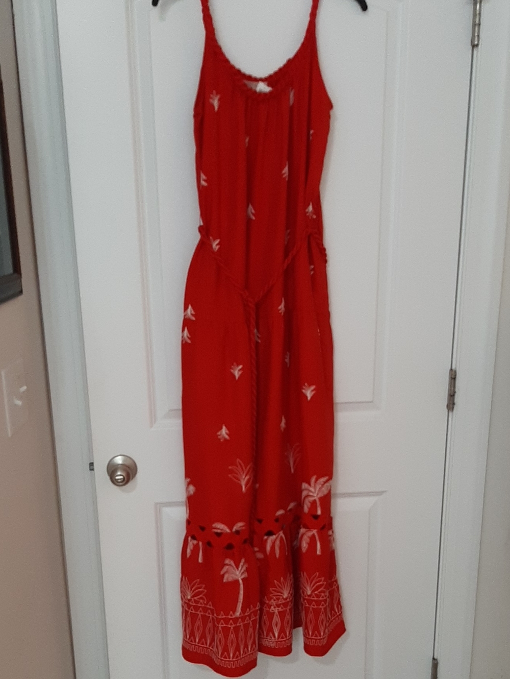 Skies Are Blue Coral Palm Embroidered Maxi Dress with Tie Waist NWT XS